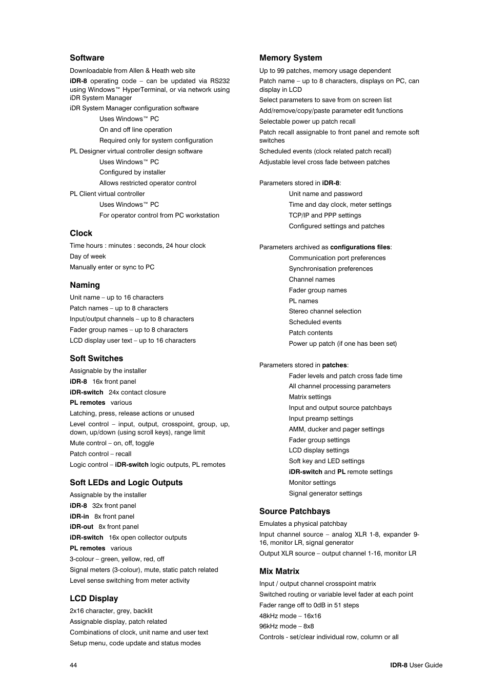 Software, Clock, Naming | Soft switches, Soft leds and logic outputs, Lcd display, Source patchbays, Mix matrix | Allen&Heath iDR-8 User Manual | Page 44 / 48