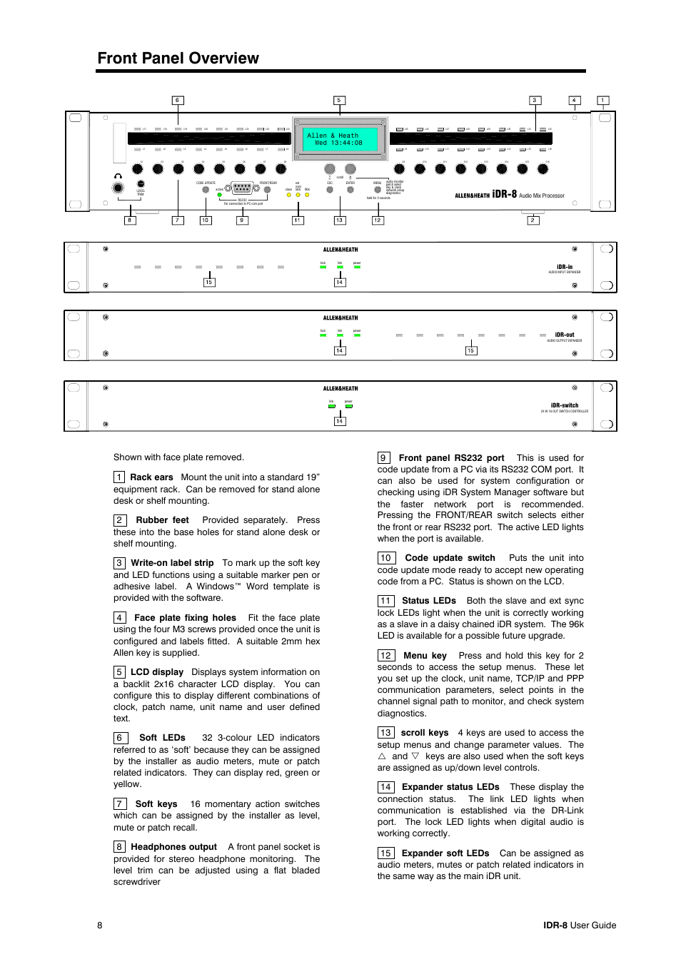 Front panel overview, Dr-8, 8idr-8 user guide | Allen&Heath iDR-8 User Manual | Page 8 / 48