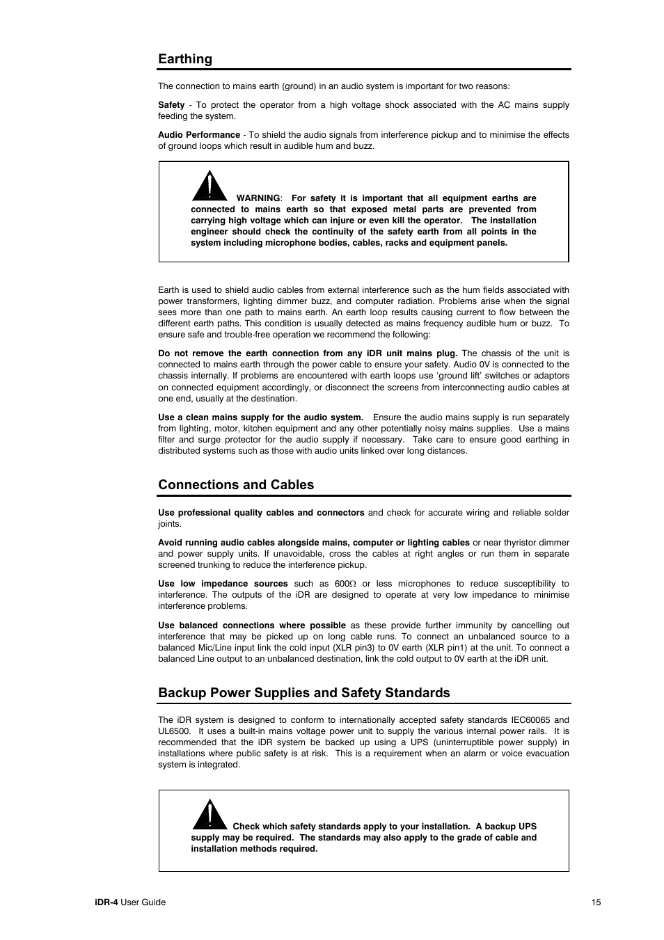 Earthing, Connections and cables, Backup power supplies and safety standards | Allen&Heath iDR-4 User Manual | Page 15 / 48