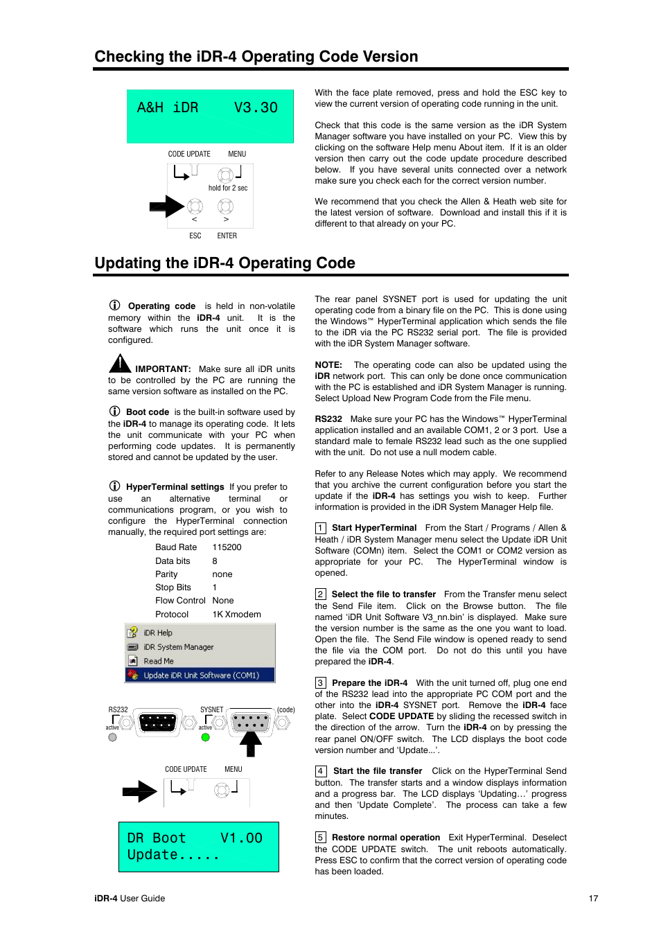 Checking the idr-4 operating code version, Updating the idr-4 operating code, A&h idr v3.30 | Dr boot v1.00 update | Allen&Heath iDR-4 User Manual | Page 17 / 48