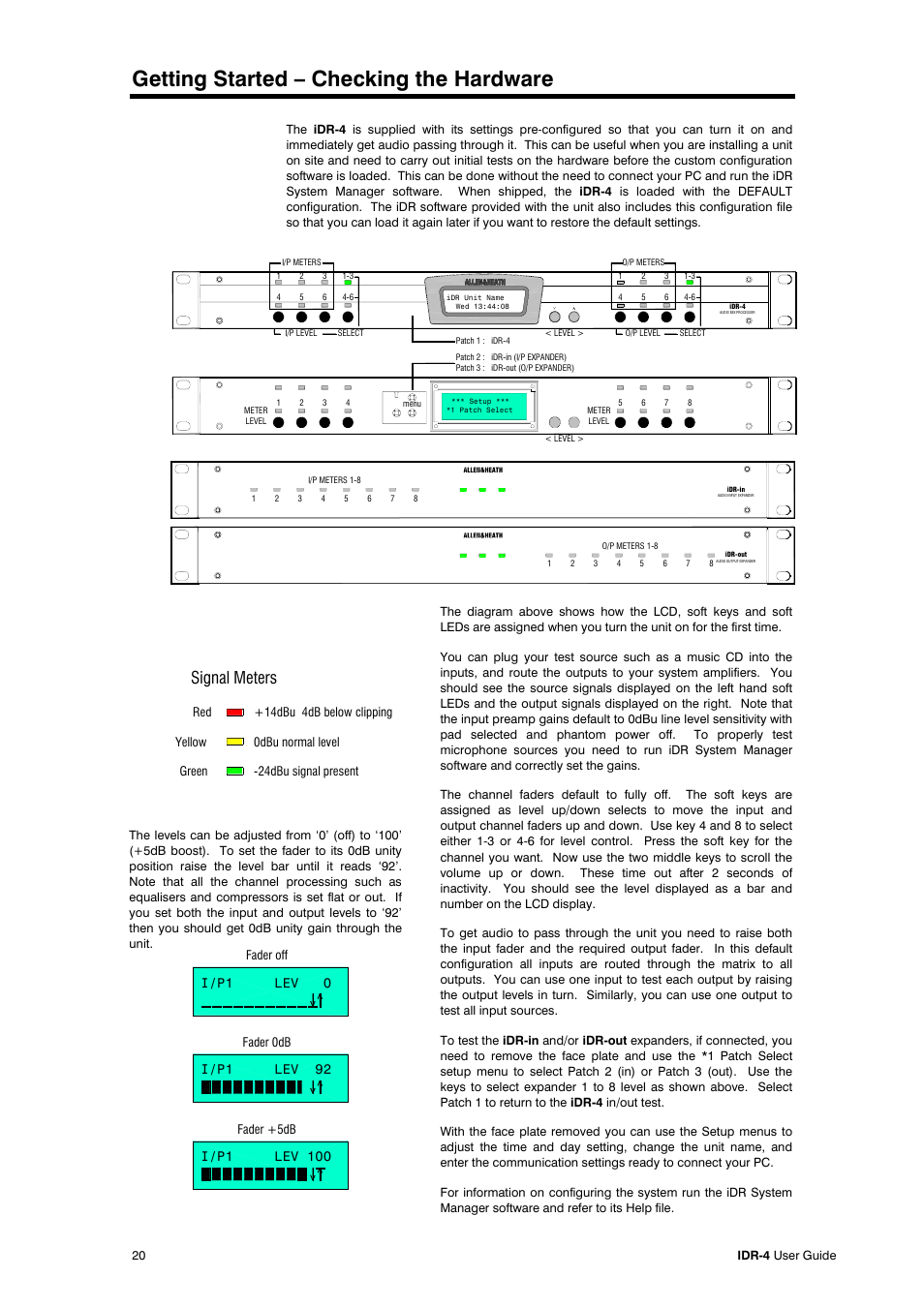 Getting started – checking the hardware, Signal meters | Allen&Heath iDR-4 User Manual | Page 20 / 48