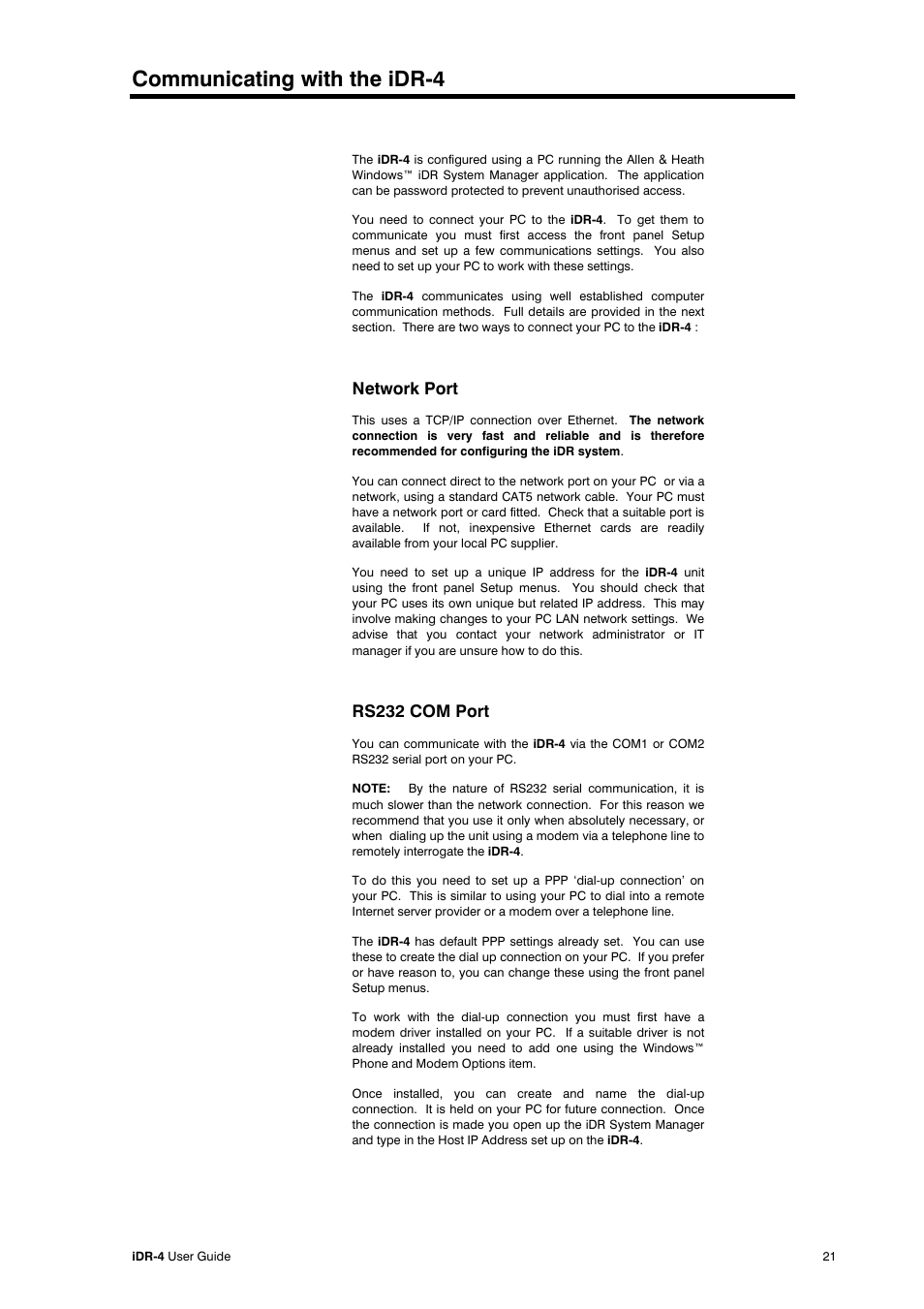Communicating with the idr-4, Network port, Rs232 com port | Allen&Heath iDR-4 User Manual | Page 21 / 48