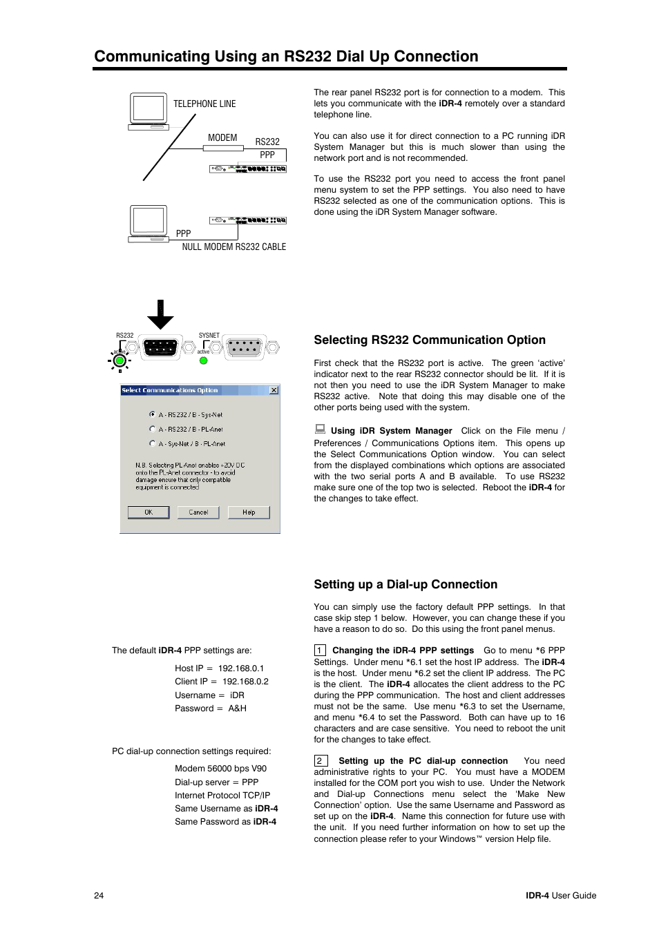Communicating using an rs232 dial up connection, Selecting rs232 communication option, Setting up a dial-up connection | Allen&Heath iDR-4 User Manual | Page 24 / 48