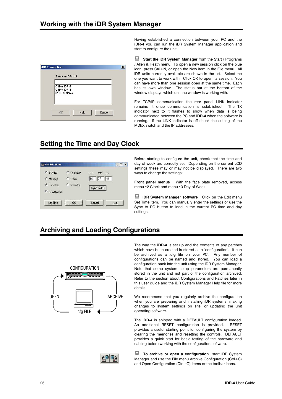 Working with the idr system manager, Setting the time and day clock, Archiving and loading configurations | Allen&Heath iDR-4 User Manual | Page 26 / 48