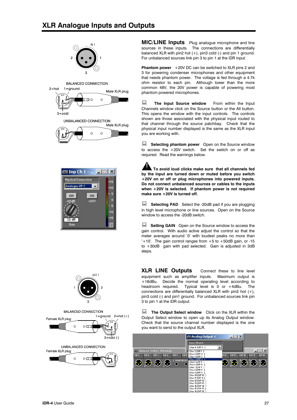 Xlr analogue inputs and outputs, Mic/line inputs, Xlr line outputs | Allen&Heath iDR-4 User Manual | Page 27 / 48