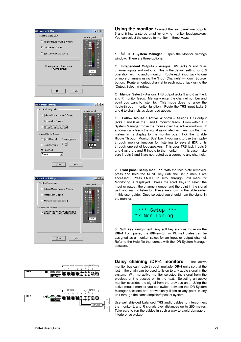 Setup *** *7 monitoring, Using the monitor, Daisy chaining idr-4 monitors | Allen&Heath iDR-4 User Manual | Page 29 / 48