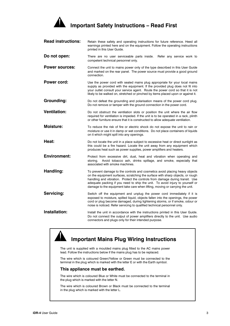 Important safety instructions – read first, Important mains plug wiring instructions | Allen&Heath iDR-4 User Manual | Page 3 / 48