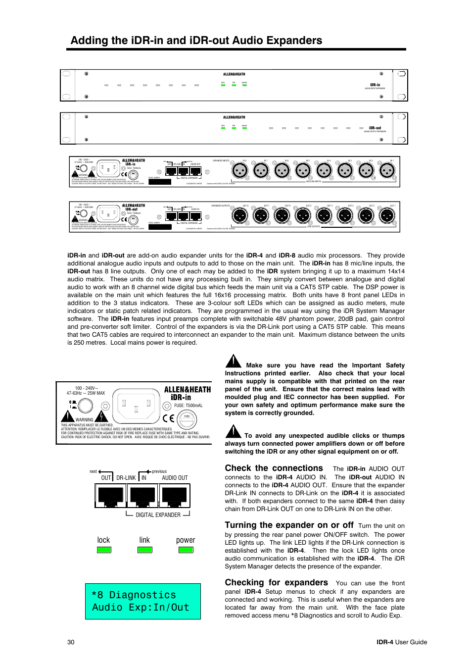 Adding the idr-in and idr-out audio expanders, 8 diagnostics audio exp:in/out, Check the connections | Turning the expander on or off, Checking for expanders, Power lock link, 30 idr-4 user guide, Audio out, Out dr-link | Allen&Heath iDR-4 User Manual | Page 30 / 48