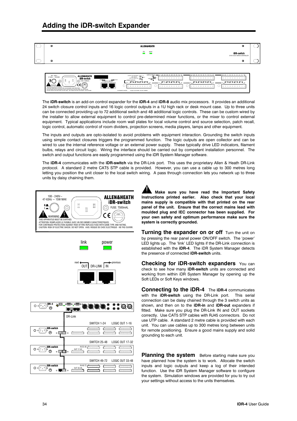 Adding the idr-switch expander, Turning the expander on or off, Checking for idr-switch expanders | Connecting to the idr-4, Planning the system, Link power, 34 idr-4 user guide, Out in dr-link | Allen&Heath iDR-4 User Manual | Page 34 / 48