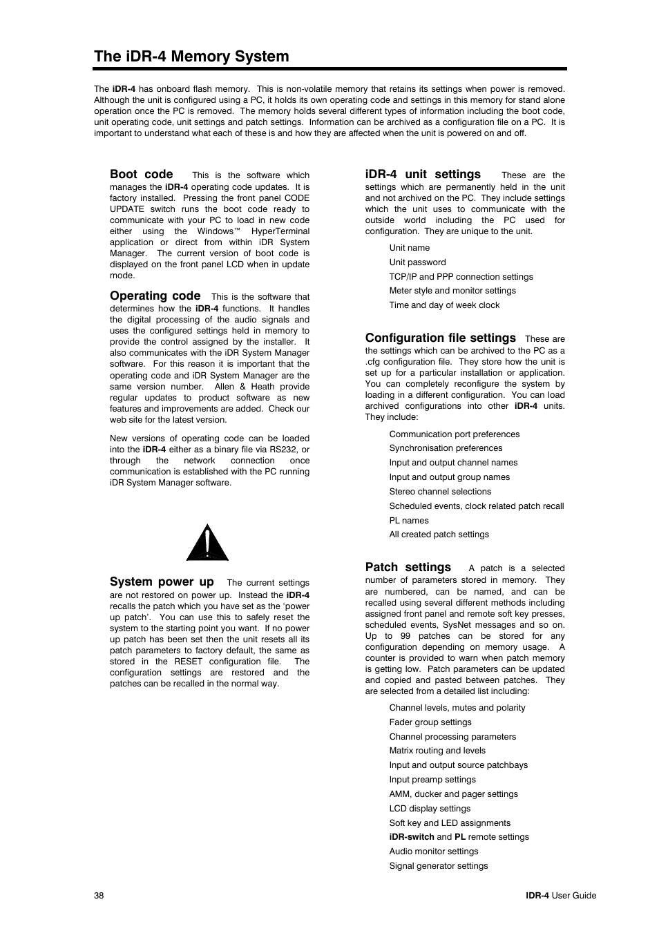 Boot code, Operating code, System power up | Idr-4 unit settings, Configuration file settings, Patch settings | Allen&Heath iDR-4 User Manual | Page 38 / 48