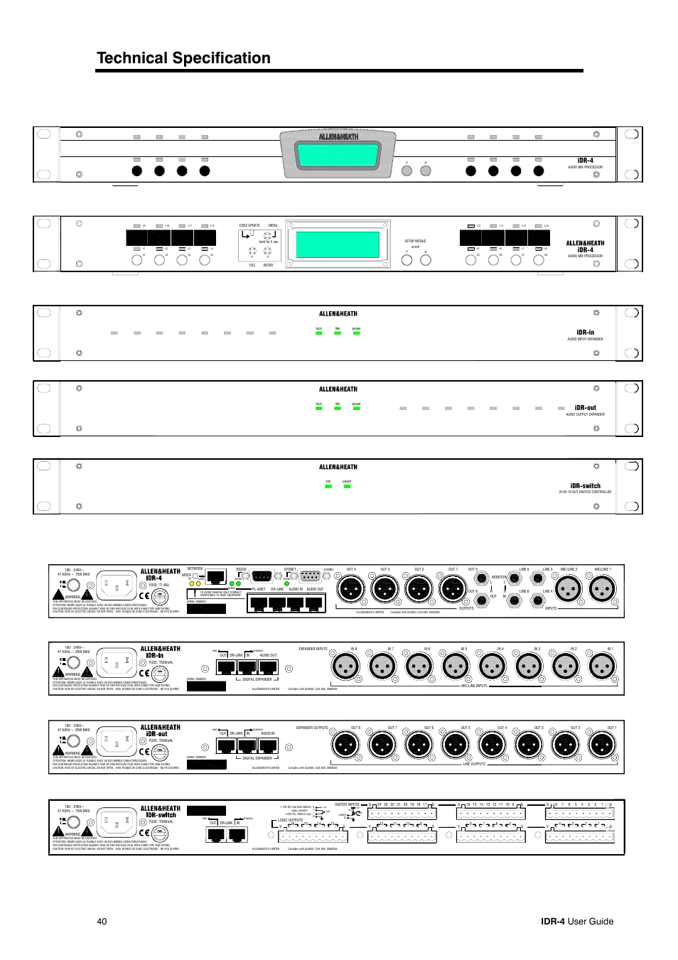 Technical specification, 40 idr-4 user guide, Idr-in | Idr-out, Idr-switch idr-4, Idr-4 | Allen&Heath iDR-4 User Manual | Page 40 / 48