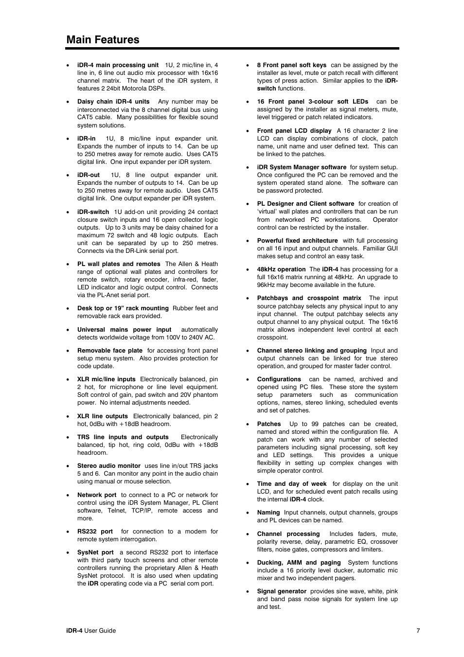 Main features | Allen&Heath iDR-4 User Manual | Page 7 / 48