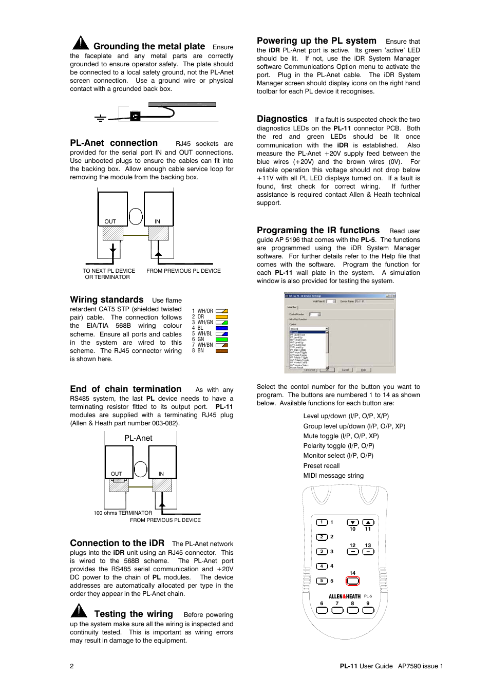Grounding the metal plate, Pl-anet connection, Wiring standards | End of chain termination, Connection to the idr, Testing the wiring, Powering up the pl system, Diagnostics, Programing the ir functions | Allen&Heath PL-11 User Manual | Page 2 / 2