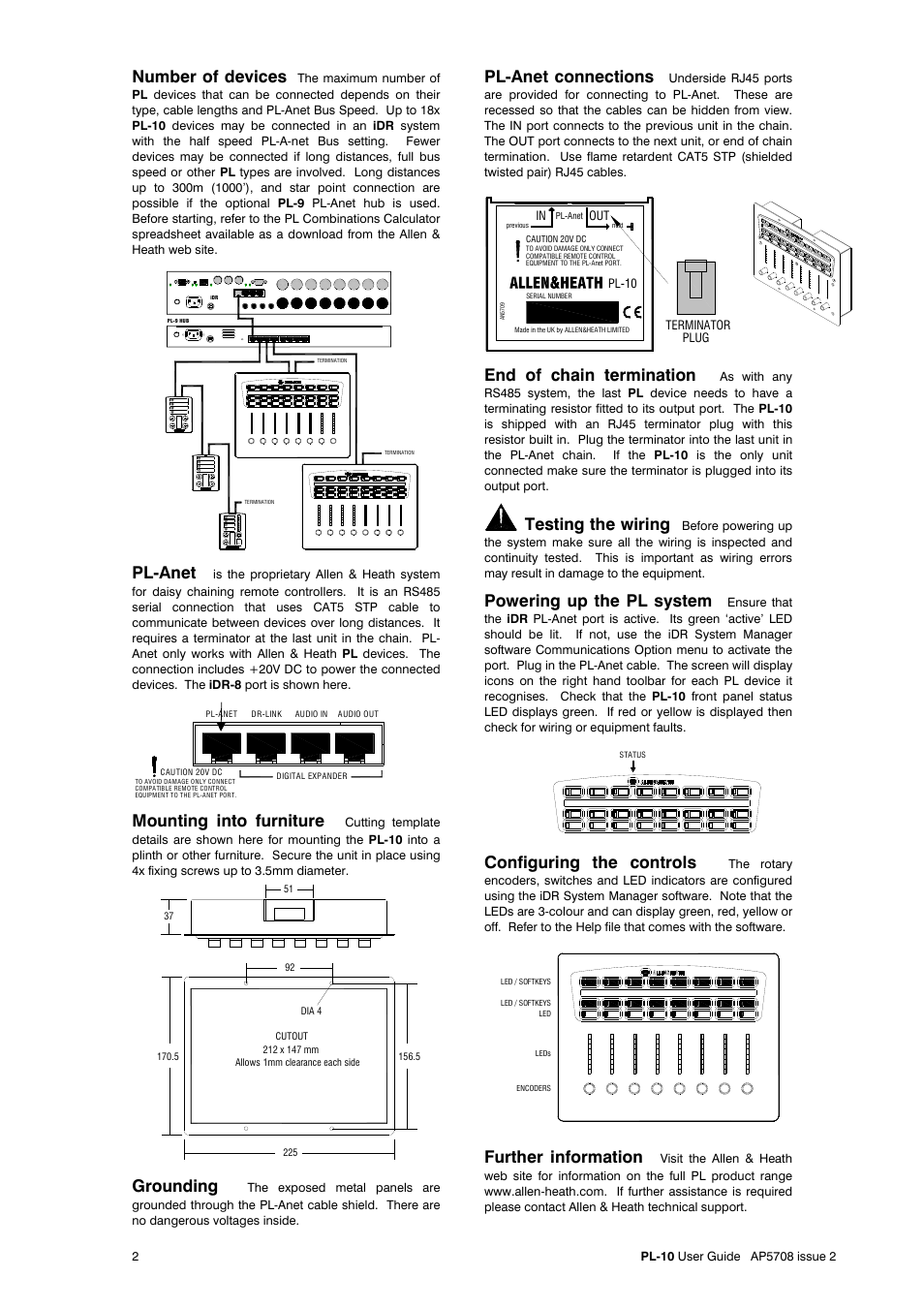 Number of devices, Pl-anet, Mounting into furniture | Grounding, Pl-anet connections, End of chain termination, Testing the wiring, Powering up the pl system, Configuring the controls, Further information | Allen&Heath PL-10 User Manual | Page 2 / 2