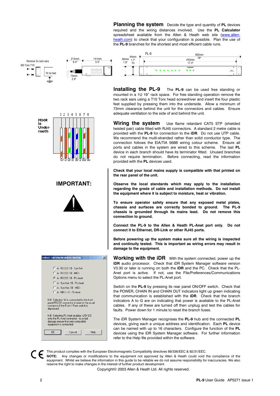 Important, Planning the system, Installing the pl-9 | Wiring the system, Working with the idr | Allen&Heath PL-9 User Manual | Page 2 / 2