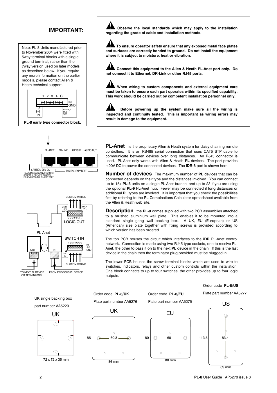 Uk eu us uk, Important, Pl-anet | Number of devices, Description | Allen&Heath PL-8 User Manual | Page 2 / 4