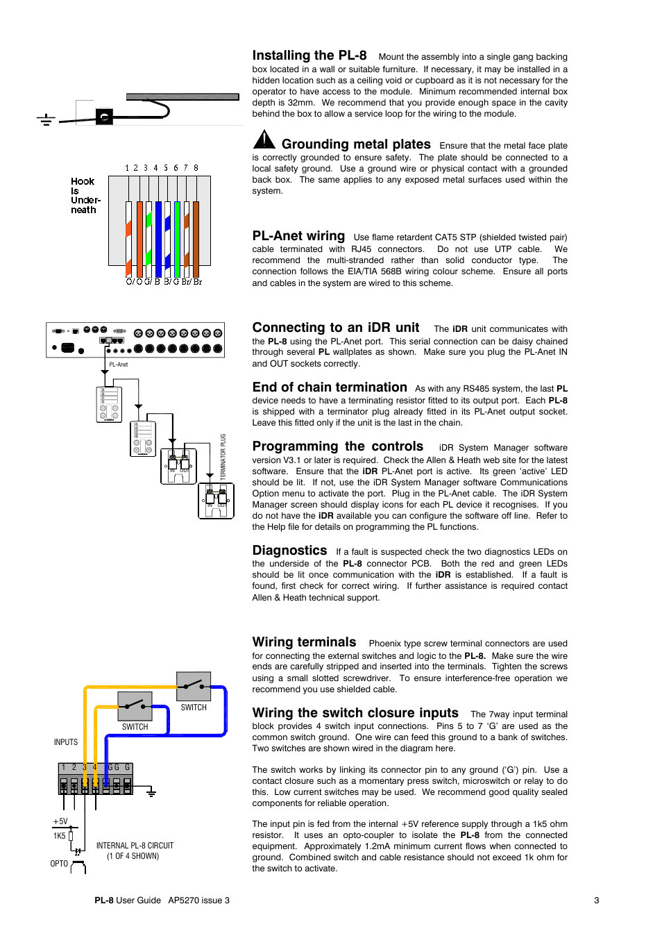Installing the pl-8, Grounding metal plates, Pl-anet wiring | Connecting to an idr unit, End of chain termination, Programming the controls, Diagnostics, Wiring terminals, Wiring the switch closure inputs | Allen&Heath PL-8 User Manual | Page 3 / 4