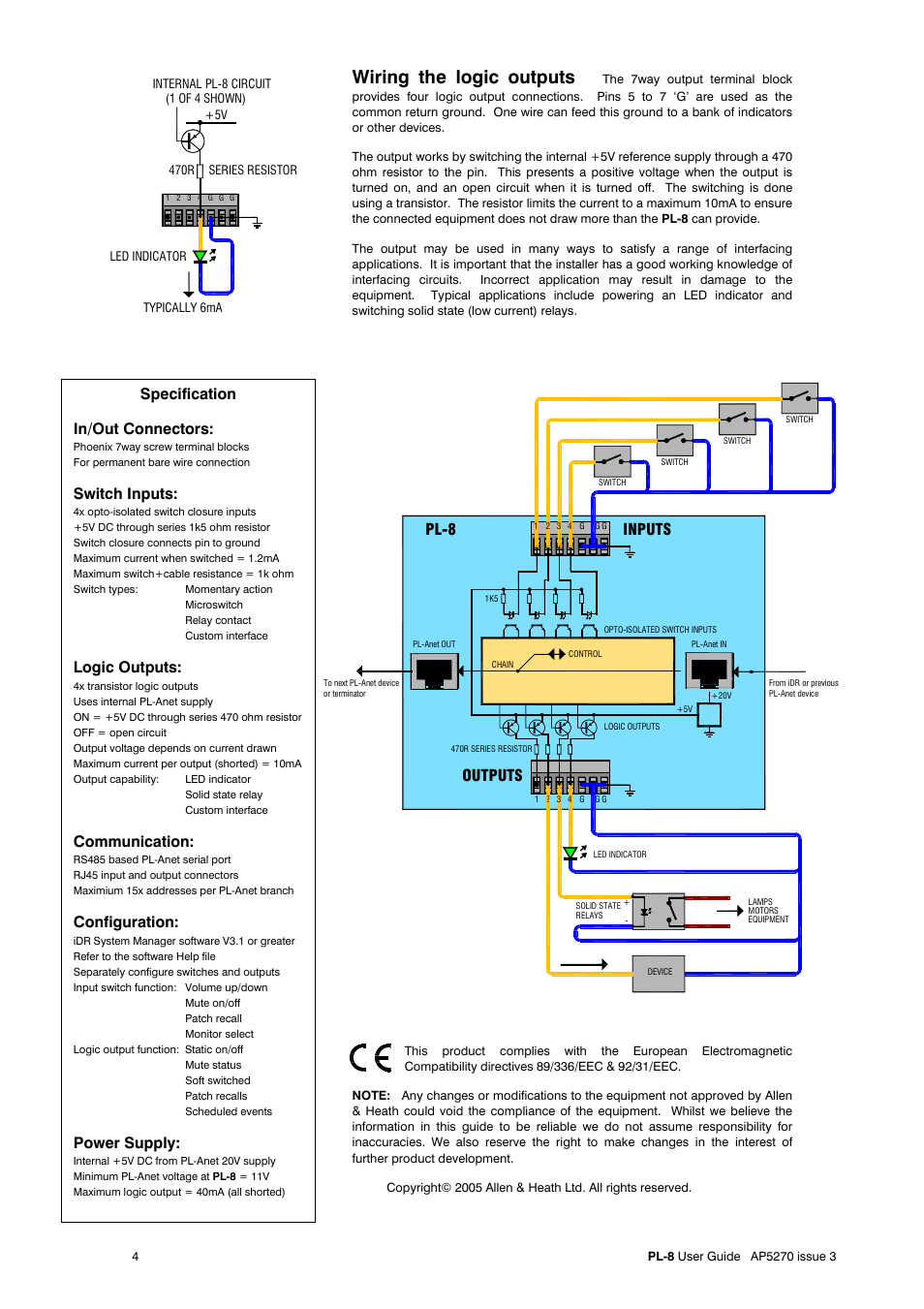 Wiring the logic outputs, Pl-8 inputs, Outputs | Specification, In/out connectors, Switch inputs, Logic outputs, Communication, Configuration, Power supply | Allen&Heath PL-8 User Manual | Page 4 / 4