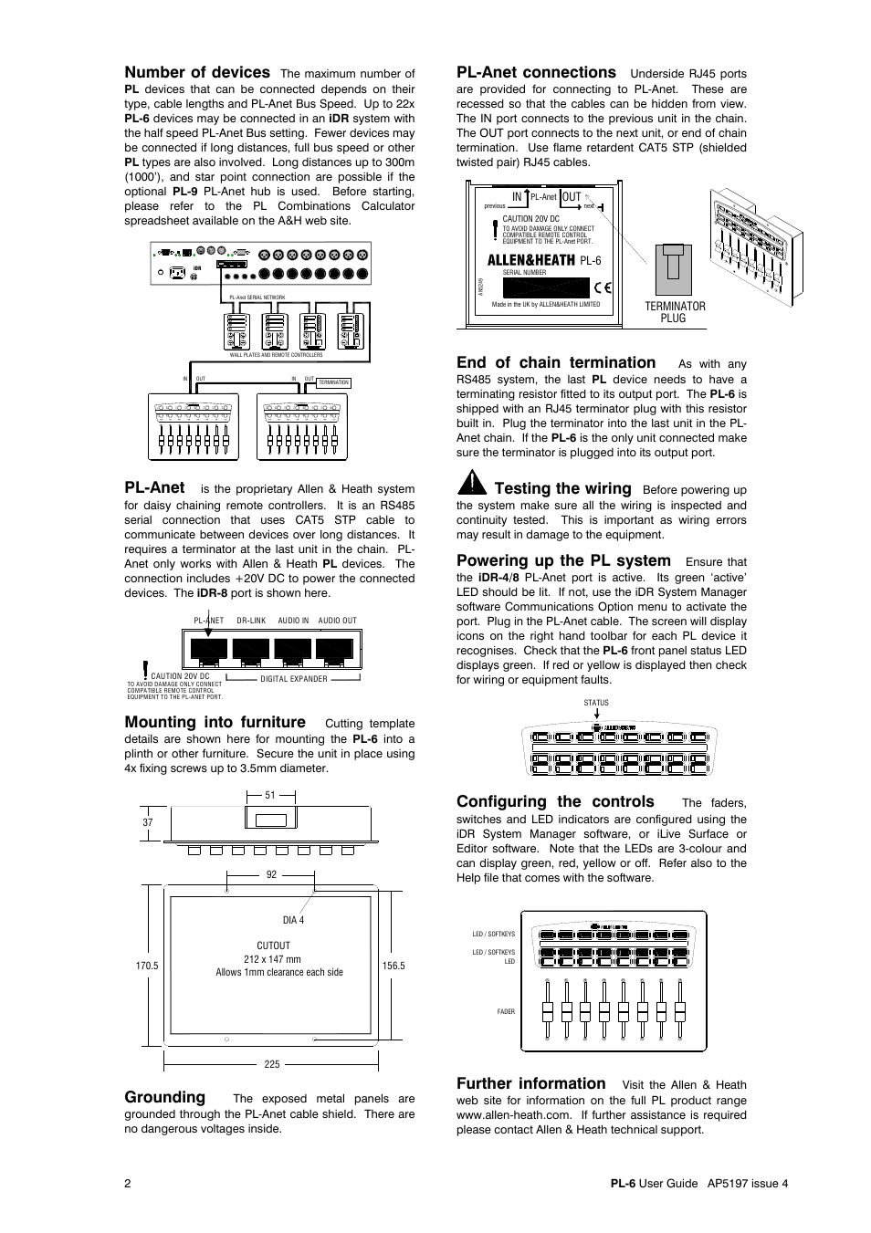 Number of devices, Pl-anet, Mounting into furniture | Grounding, Pl-anet connections, End of chain termination, Testing the wiring, Powering up the pl system, Configuring the controls, Further information | Allen&Heath PL-6 User Manual | Page 2 / 2