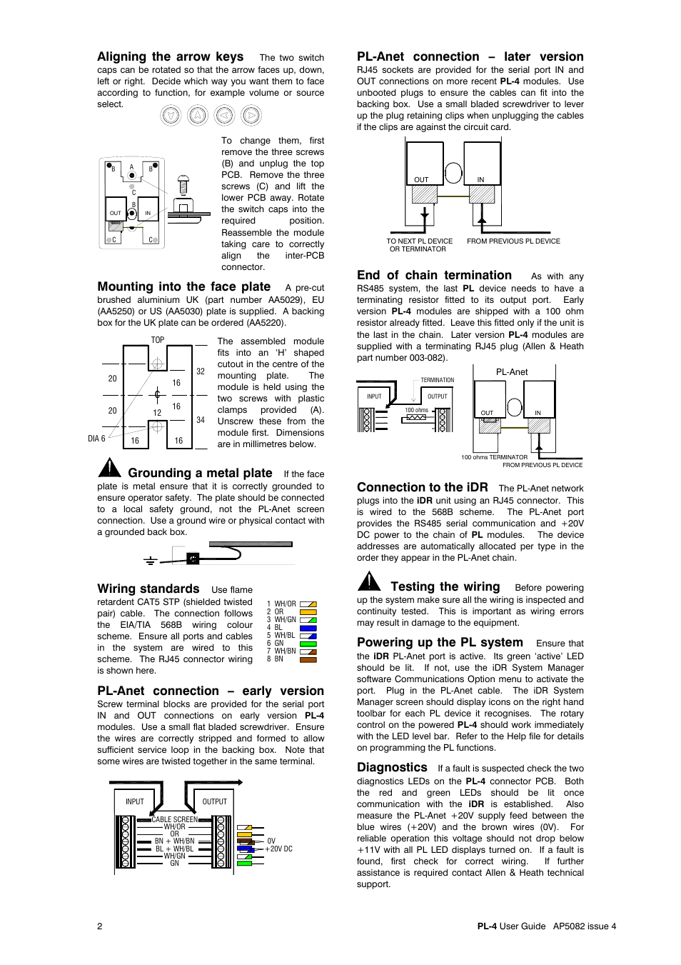 Aligning the arrow keys, Mounting into the face plate, Grounding a metal plate | Wiring standards, Pl-anet connection – early version, Pl-anet connection – later version, End of chain termination, Connection to the idr, Testing the wiring, Powering up the pl system | Allen&Heath PL-4 User Manual | Page 2 / 2