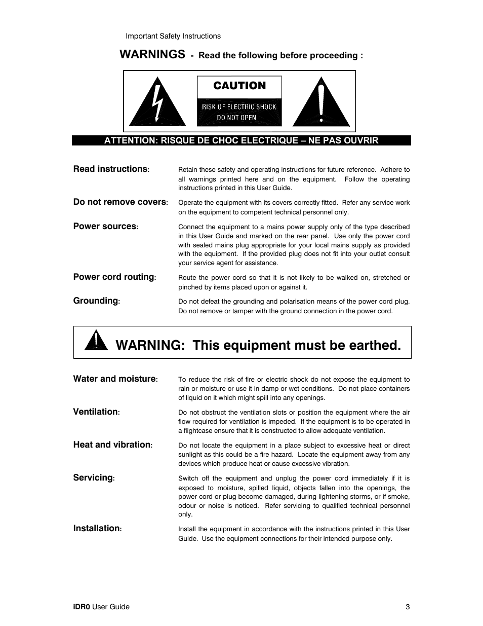 Warning: this equipment must be earthed, Warnings, Caution | Allen&Heath iDR0 User Manual | Page 3 / 16