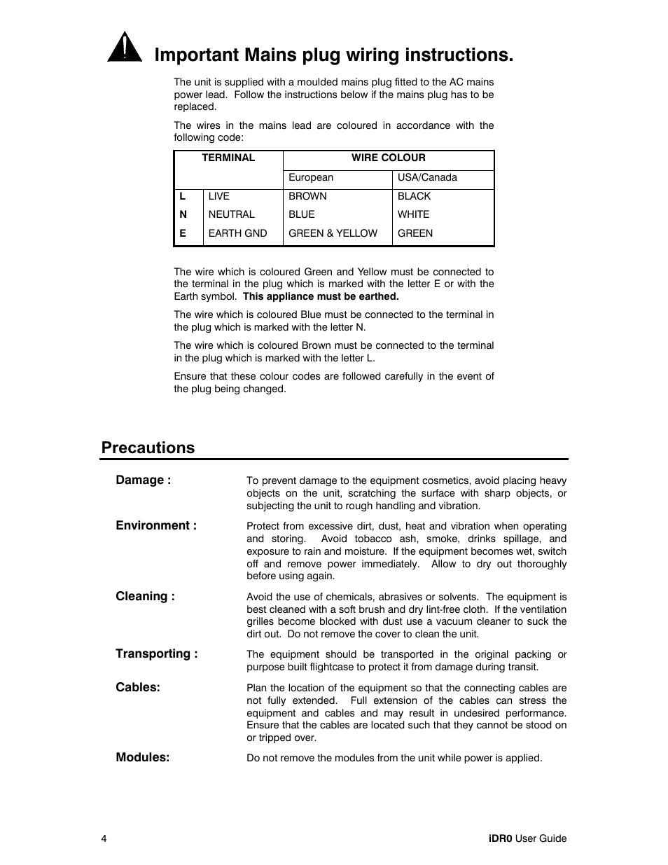 Important mains plug wiring instructions, Precautions | Allen&Heath iDR0 User Manual | Page 4 / 16