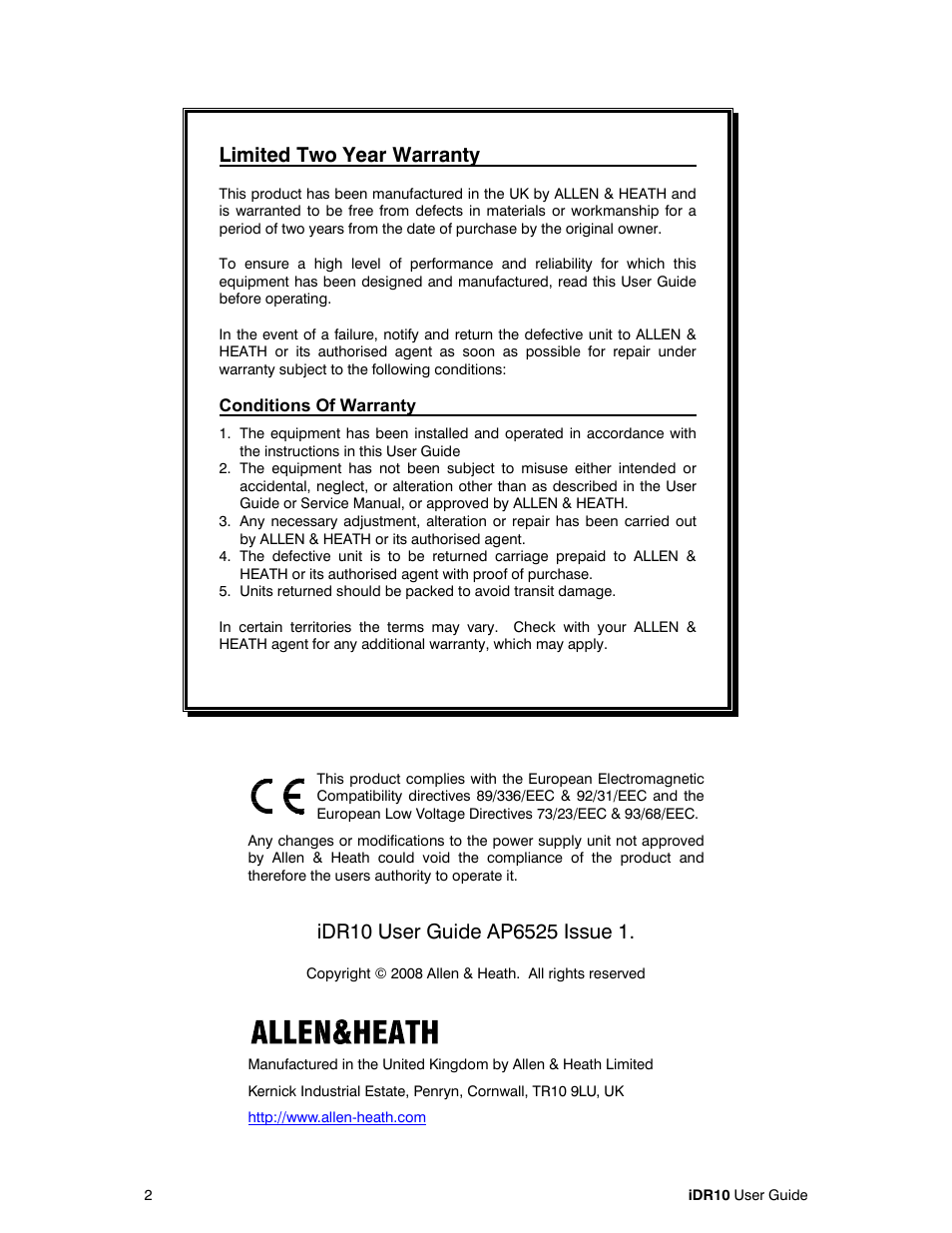 Limited two year warranty | Allen&Heath iDR10 User Manual | Page 2 / 24