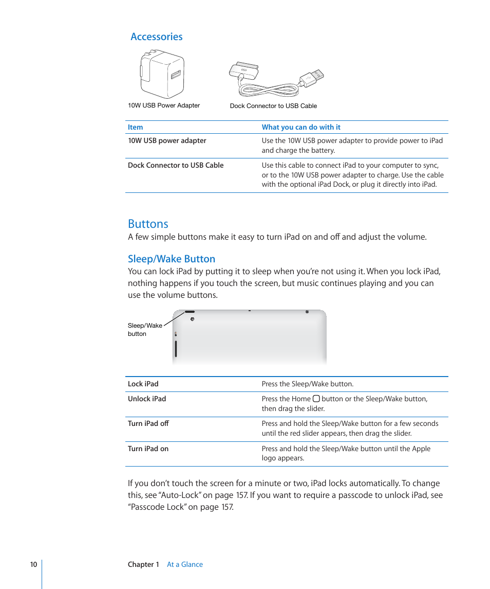 Buttons, Accessories, Sleep/wake button | Apple iPad For iOS 4.3 User Manual | Page 10 / 198