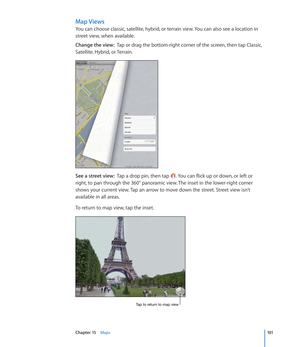 Map views | Apple iPad For iOS 4.3 User Manual | Page 101 / 198