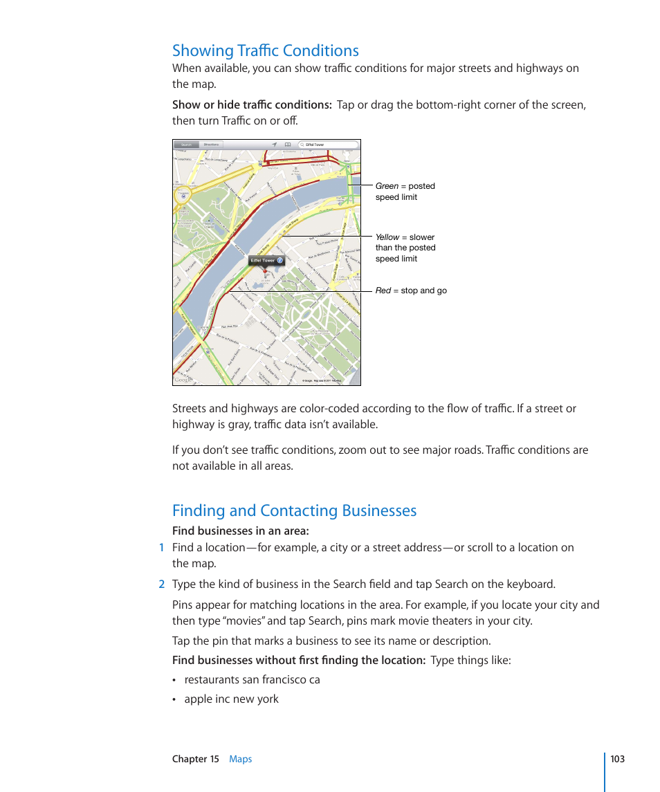 Showing traffic conditions, Finding and contacting businesses | Apple iPad For iOS 4.3 User Manual | Page 103 / 198