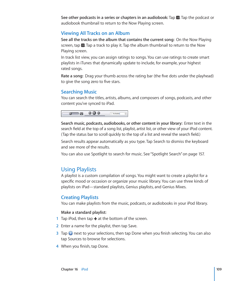 Using playlists, 109 using playlists, Viewing all tracks on an album | Searching music, Creating playlists | Apple iPad For iOS 4.3 User Manual | Page 109 / 198