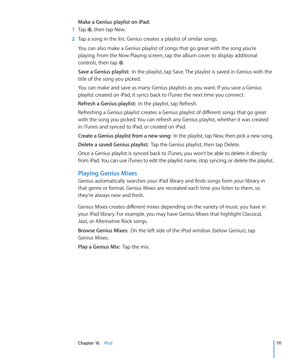 Playing genius mixes | Apple iPad For iOS 4.3 User Manual | Page 111 / 198