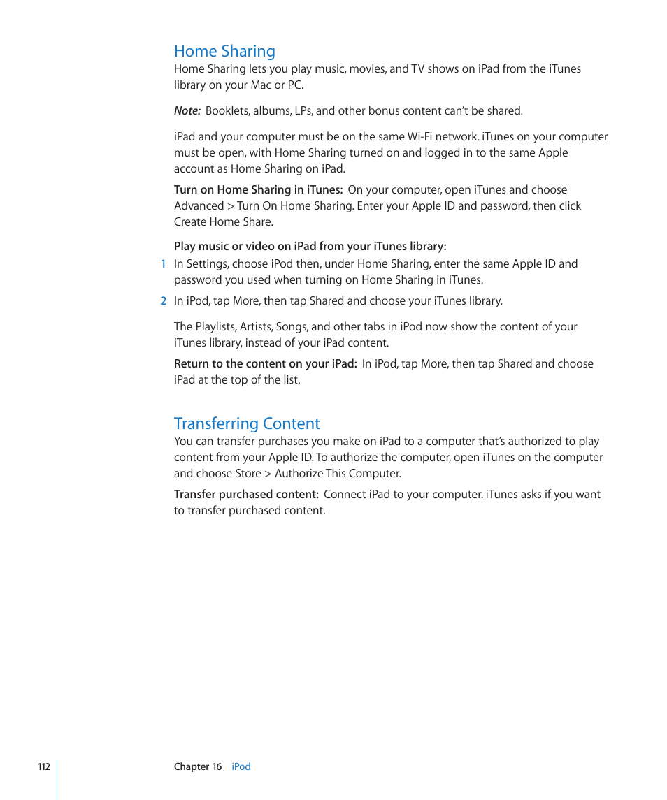 Home sharing, Transferring content, 112 home sharing 112 transferring content | Apple iPad For iOS 4.3 User Manual | Page 112 / 198