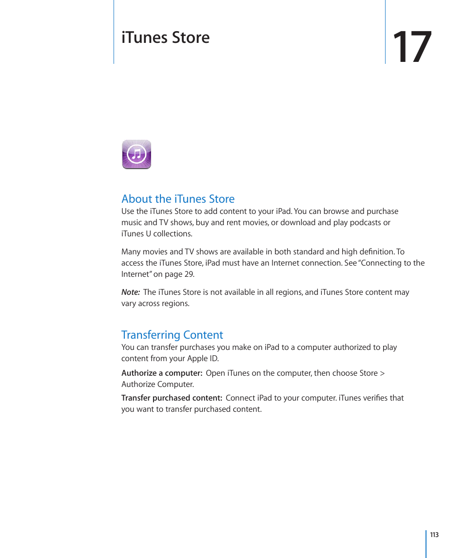 Chapter 17: itunes store, About the itunes store, Transferring content | Itunes store | Apple iPad For iOS 4.3 User Manual | Page 113 / 198