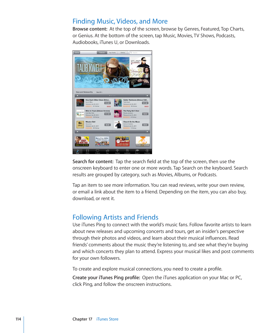 Finding music, videos, and more, Following artists and friends | Apple iPad For iOS 4.3 User Manual | Page 114 / 198