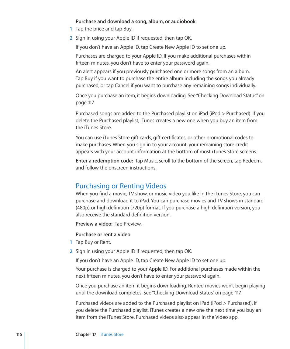 Purchasing or renting videos, 116 purchasing or renting videos | Apple iPad For iOS 4.3 User Manual | Page 116 / 198