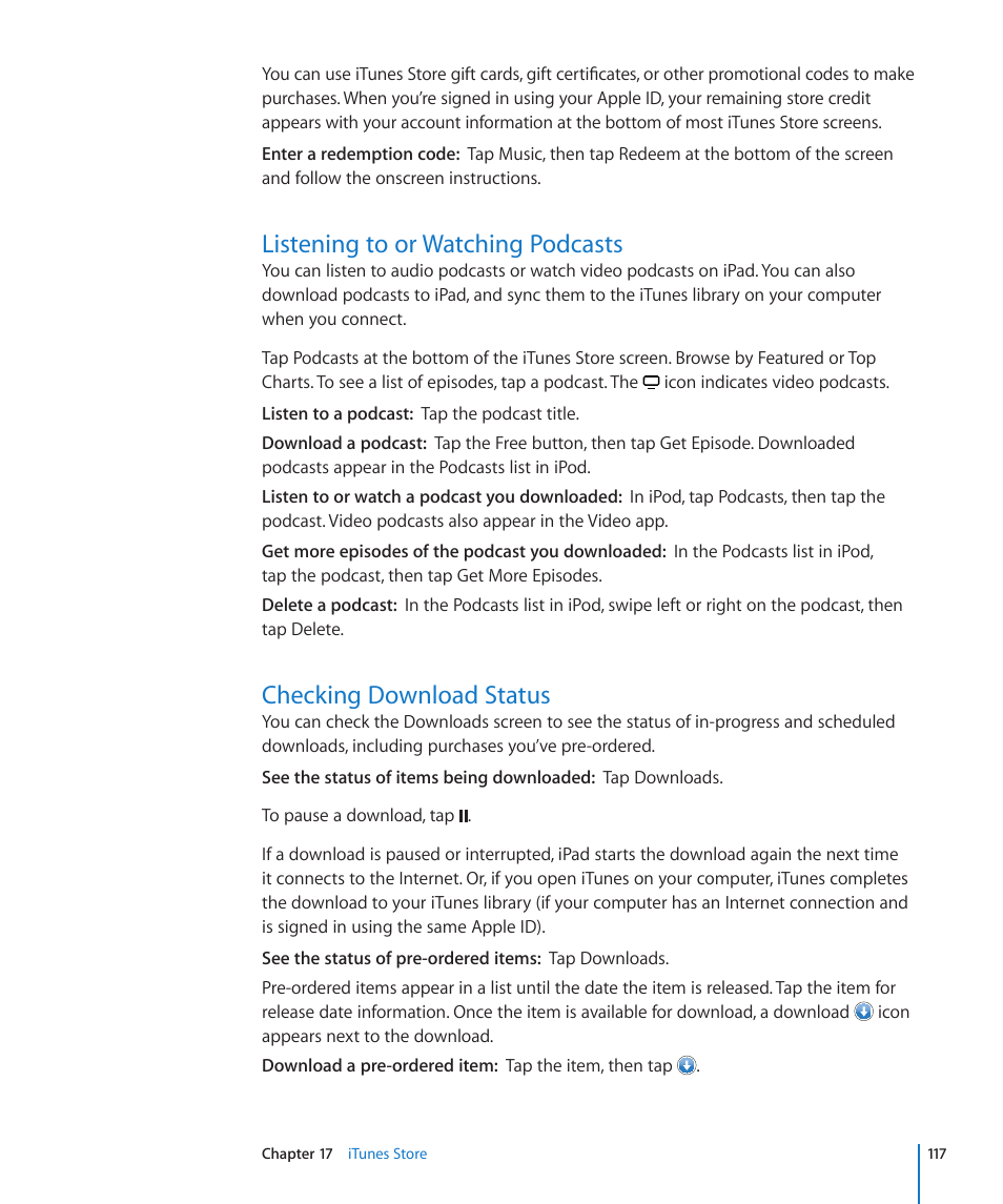 Listening to or watching podcasts, Checking download status | Apple iPad For iOS 4.3 User Manual | Page 117 / 198