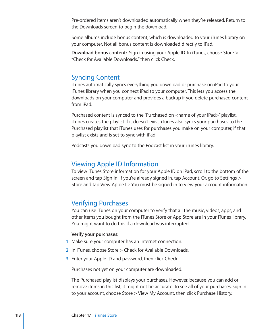 Syncing content, Viewing apple id information, Verifying purchases | Apple iPad For iOS 4.3 User Manual | Page 118 / 198