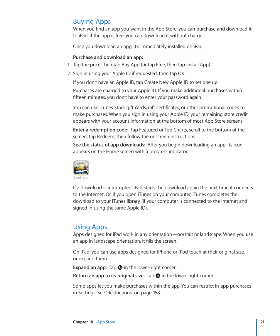 Buying apps, Using apps, 121 buying apps 121 using apps | Apple iPad For iOS 4.3 User Manual | Page 121 / 198