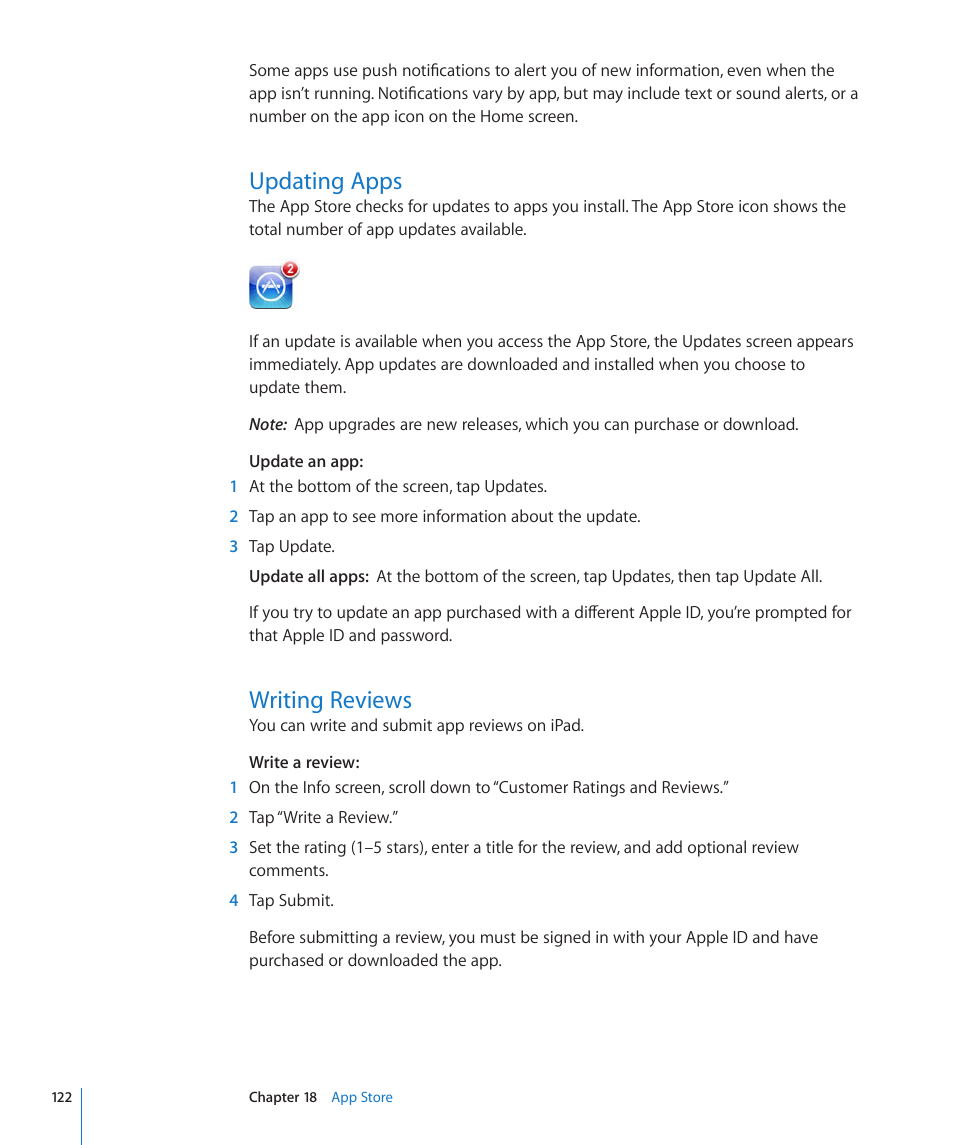 Updating apps, Writing reviews, 122 updating apps 122 writing reviews | Apple iPad For iOS 4.3 User Manual | Page 122 / 198