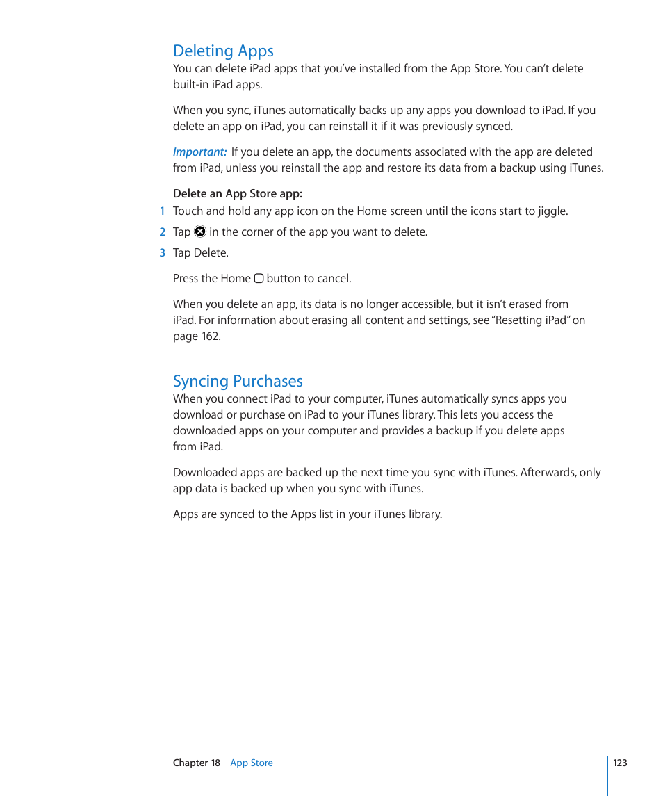 Deleting apps, Syncing purchases, 123 deleting apps 123 syncing purchases | Apple iPad For iOS 4.3 User Manual | Page 123 / 198