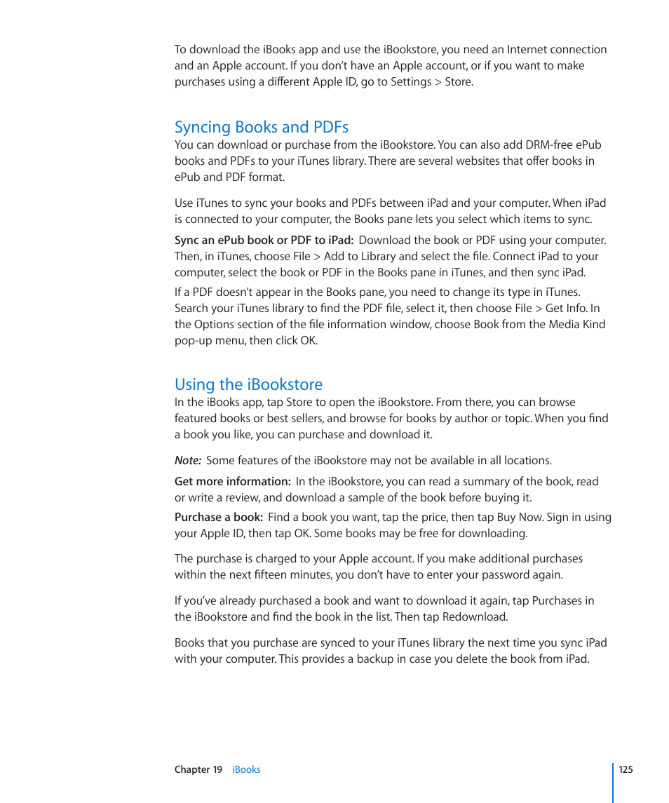 Syncing books and pdfs, Using the ibookstore | Apple iPad For iOS 4.3 User Manual | Page 125 / 198