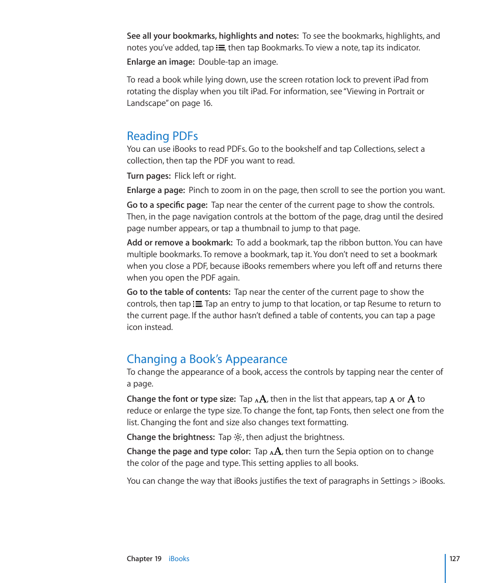 Reading pdfs, Changing a book’s appearance, 127 reading pdfs 127 changing a book’s appearance | Apple iPad For iOS 4.3 User Manual | Page 127 / 198