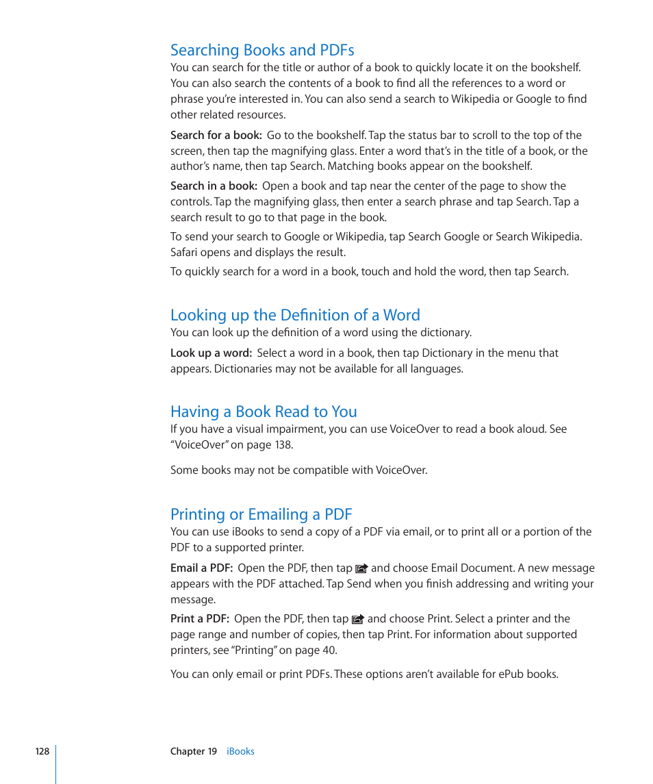 Searching books and pdfs, Looking up the definition of a word, Having a book read to you | Printing or emailing a pdf | Apple iPad For iOS 4.3 User Manual | Page 128 / 198