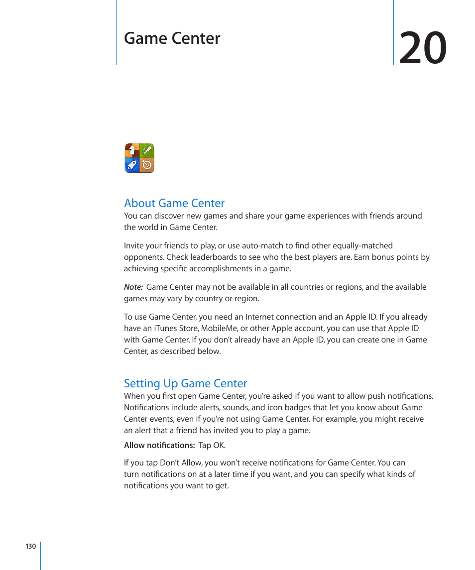 Chapter 20: game center, About game center, Setting up game center | 130 about game center 130 setting up game center, Game center | Apple iPad For iOS 4.3 User Manual | Page 130 / 198