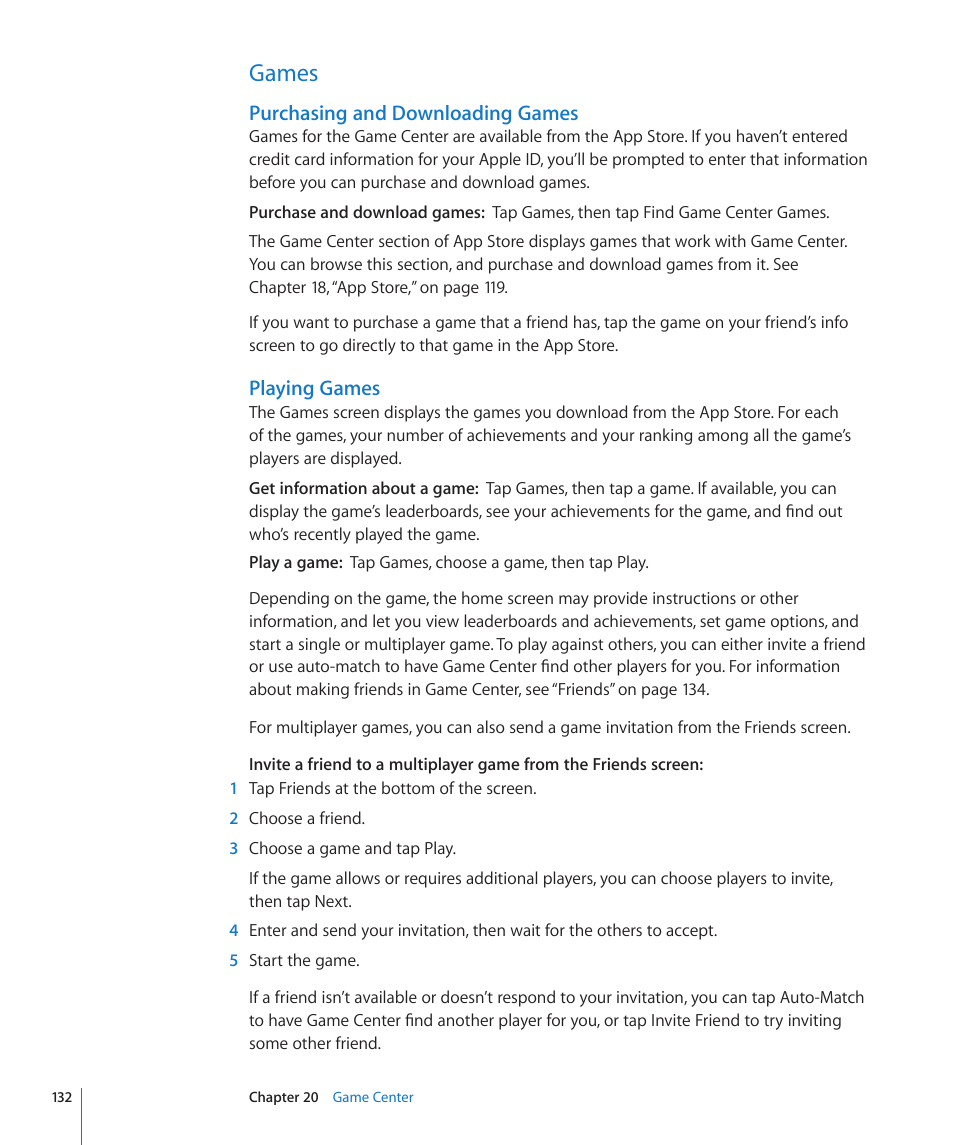 Games, 132 games, Purchasing and downloading games | Playing games | Apple iPad For iOS 4.3 User Manual | Page 132 / 198