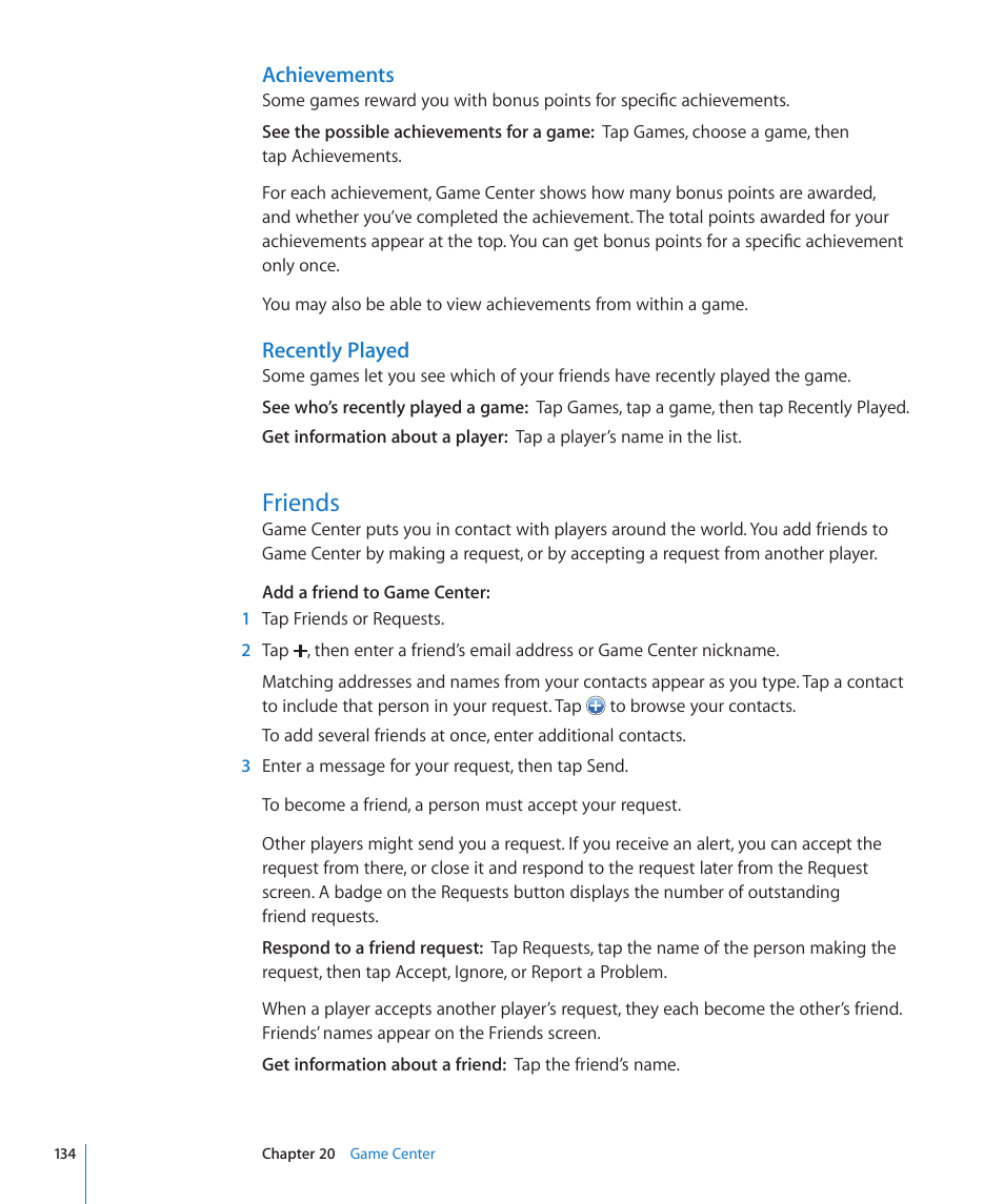 Friends, 134 friends, Achievements | Recently played | Apple iPad For iOS 4.3 User Manual | Page 134 / 198