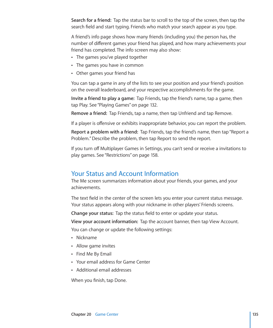 Your status and account information, 135 your status and account information | Apple iPad For iOS 4.3 User Manual | Page 135 / 198