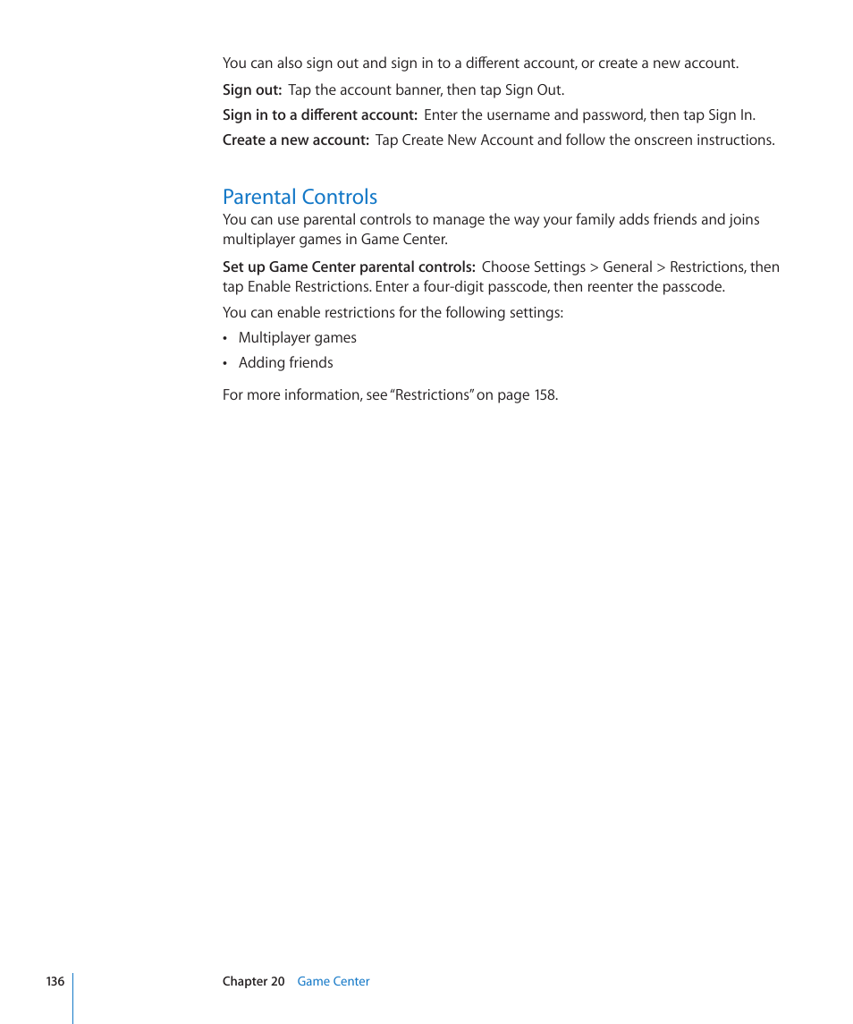 Parental controls, 136 parental controls | Apple iPad For iOS 4.3 User Manual | Page 136 / 198