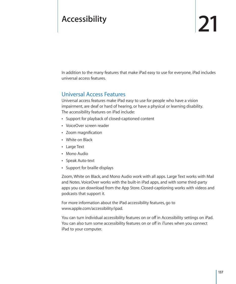 Chapter 21: accessibility, Universal access features, 137 universal access features | Accessibility | Apple iPad For iOS 4.3 User Manual | Page 137 / 198